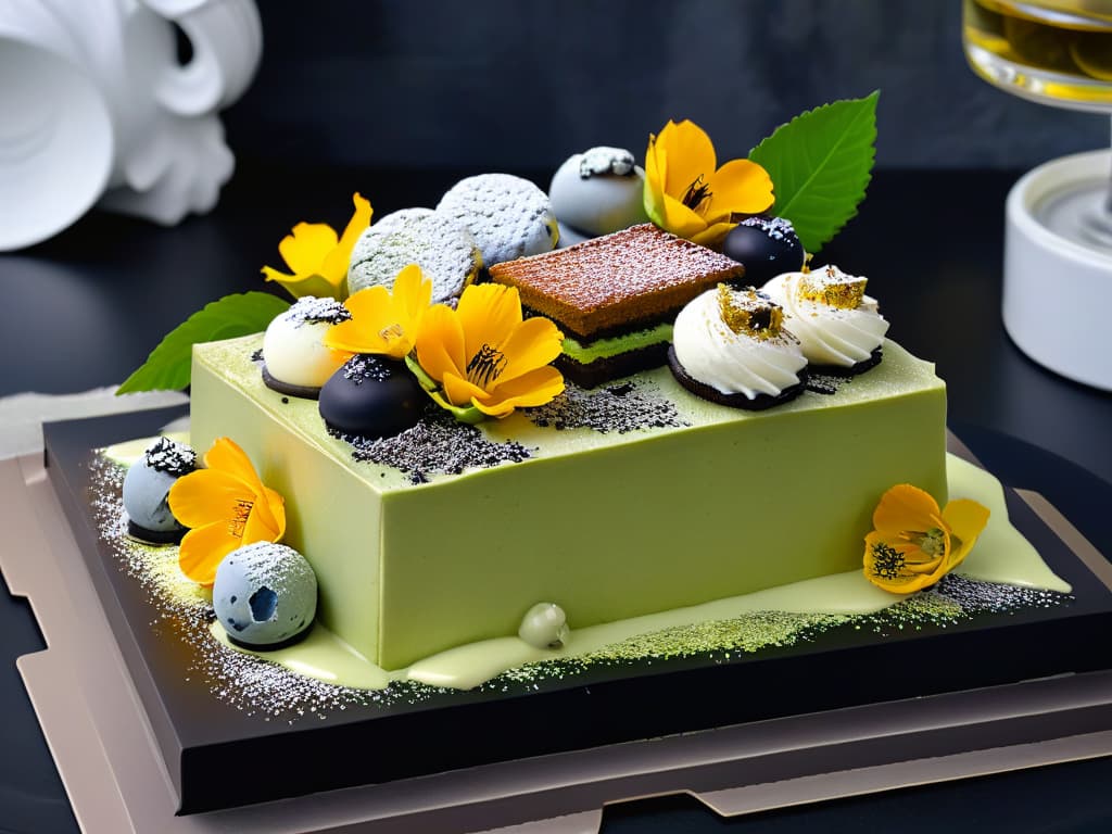  A photorealistic image of a modern, innovative dessert platter showcasing unexpected flavor pairings such as a matcha green tea and black sesame cake, a saffroninfused panna cotta with citrus compote, a lavender honey macaron, and a rosemaryinfused white chocolate truffle, beautifully presented on a sleek, contemporary serving dish with artistic garnishes of edible flowers and gold leaf accents. The desserts are arranged in a visually appealing and elegant manner, highlighting the creativity and sophistication of contemporary pastry maridajes. hyperrealistic, full body, detailed clothing, highly detailed, cinematic lighting, stunningly beautiful, intricate, sharp focus, f/1. 8, 85mm, (centered image composition), (professionally color graded), ((bright soft diffused light)), volumetric fog, trending on instagram, trending on tumblr, HDR 4K, 8K