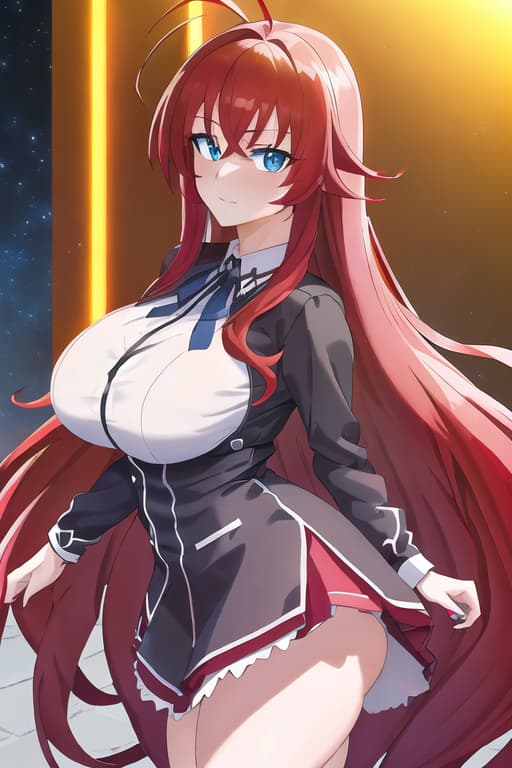  ,masterpiece, best quality, 1women, long red hair, looking at viewer, :3, cute, black uniform, outdoors, streets, cowboy shot, curvy, (((blue eyes))), rias gremory, red hair, antenna hair, wavy hair, ((beautiful detailed eyes, beautiful detailed glow, lots of glow)), anime screencap