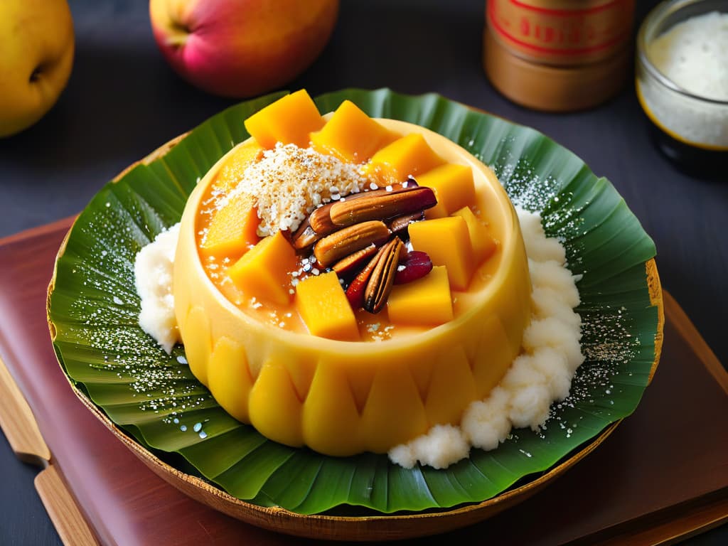  An ultradetailed, 8k image featuring a closeup shot of a vibrant, intricately designed mango sticky rice dessert served in a traditional Thai banana leaf bowl, garnished with fresh slices of mango, a sprinkle of sesame seeds, and a drizzle of coconut milk. The focus is on the rich textures and colors of the dish, showcasing the exotic beauty of this traditional Thai dessert. hyperrealistic, full body, detailed clothing, highly detailed, cinematic lighting, stunningly beautiful, intricate, sharp focus, f/1. 8, 85mm, (centered image composition), (professionally color graded), ((bright soft diffused light)), volumetric fog, trending on instagram, trending on tumblr, HDR 4K, 8K