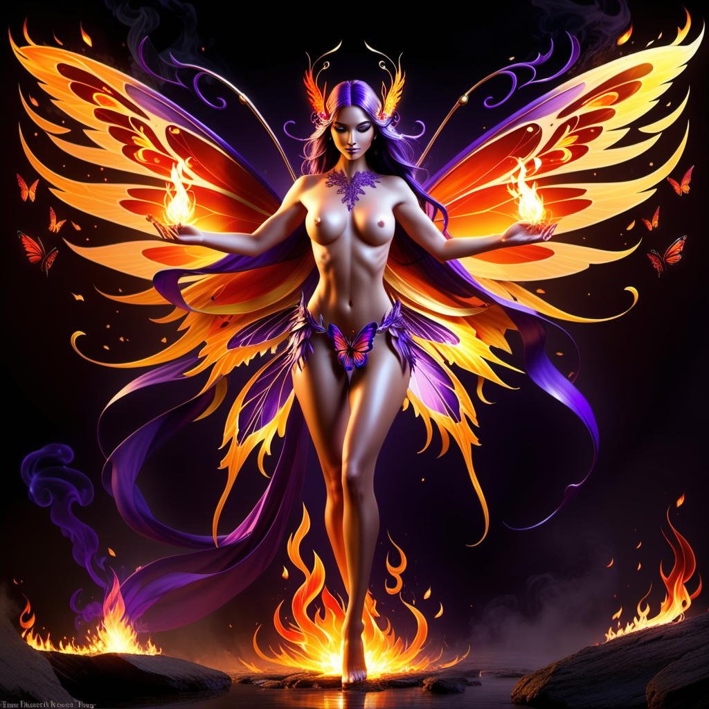  ethereal fantasy concept art of  [naked:51] [nudist:51] [full body shot:51] naked|nudist badass splash provocative fiery slutty desirable without complexes very excited in lace stockings and very fiery flaming full body standing nudist fairy butterfly fiery violet fiery purple wings, full body shot, accent of light and focus between, fire on hands, sorceress with fire in her hands, long fiery and smoke tongue pulled out of mouth, bright blue eyes, elegant masterpieces of tattoos all over the body and on the face big hips, small, big, long stretching does stretching, accent lighting and focus on intimate long haircut and very small and very big lips and 
