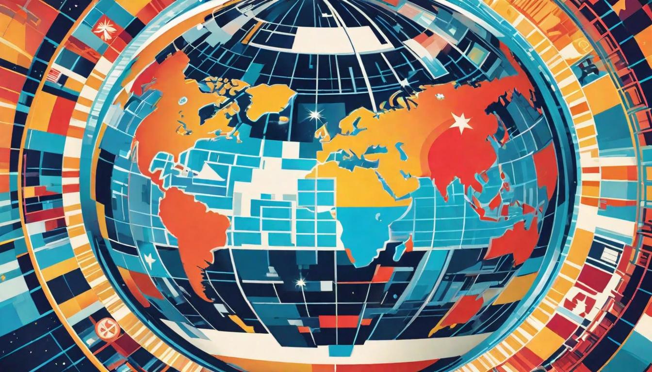  retro futuristic A mosaic globe spinning slowly, each piece reflecting different states of the world transitioning. Strategic adaptation, contribution, higher state. lvintage sci fi, 50s and 60s style, atomic age, vibrant, highly detailed