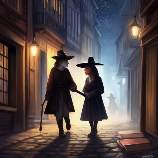 watercolor, storybook, child-book, witch, Young boy helping an elderly woman cross the street, holding a red broom in one hand and the woman's arm in the other, night background with yellow stars., best quality, very detailed, high resolution, sharp, sharp image hyperrealistic, full body, detailed clothing, highly detailed, cinematic lighting, stunningly beautiful, intricate, sharp focus, f/1. 8, 85mm, (centered image composition), (professionally color graded), ((bright soft diffused light)), volumetric fog, trending on instagram, trending on tumblr, HDR 4K, 8K