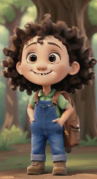  {The tree with a smiling face formed by its bark, looking down at Riley., Riley, a curious with big brown eyes and curly hair, wearing overalls and carrying a small backpack. Their friend, Skye, a bluebird with shiny feathers.