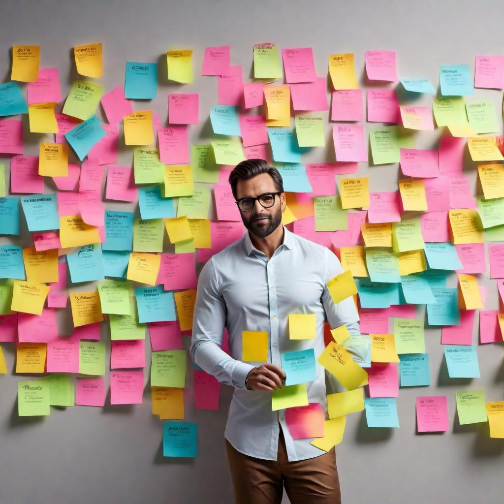  Image of a brainstorming session with vibrant sticky notes on a wall, symbolizing collaboration and innovative ideas in a business setting. hyperrealistic, full body, detailed clothing, highly detailed, cinematic lighting, stunningly beautiful, intricate, sharp focus, f/1. 8, 85mm, (centered image composition), (professionally color graded), ((bright soft diffused light)), volumetric fog, trending on instagram, trending on tumblr, HDR 4K, 8K