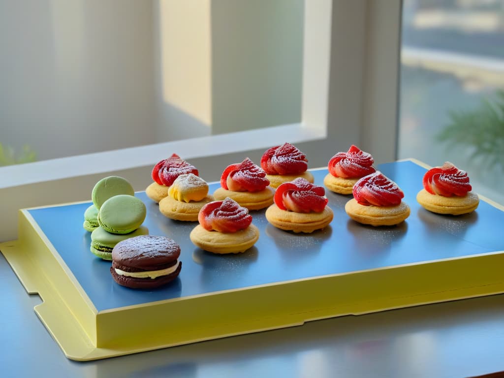  An ultradetailed image of a serene, minimalistic kitchen counter with a sleek marble surface, scattered with vibrant, freshly baked pastries like flaky croissants, colorful macarons, and glossy fruit tarts. The soft natural light filtering in through a nearby window highlights the intricate textures and delicate details of each pastry, creating a visually captivating scene that evokes a sense of tranquility and indulgence. hyperrealistic, full body, detailed clothing, highly detailed, cinematic lighting, stunningly beautiful, intricate, sharp focus, f/1. 8, 85mm, (centered image composition), (professionally color graded), ((bright soft diffused light)), volumetric fog, trending on instagram, trending on tumblr, HDR 4K, 8K