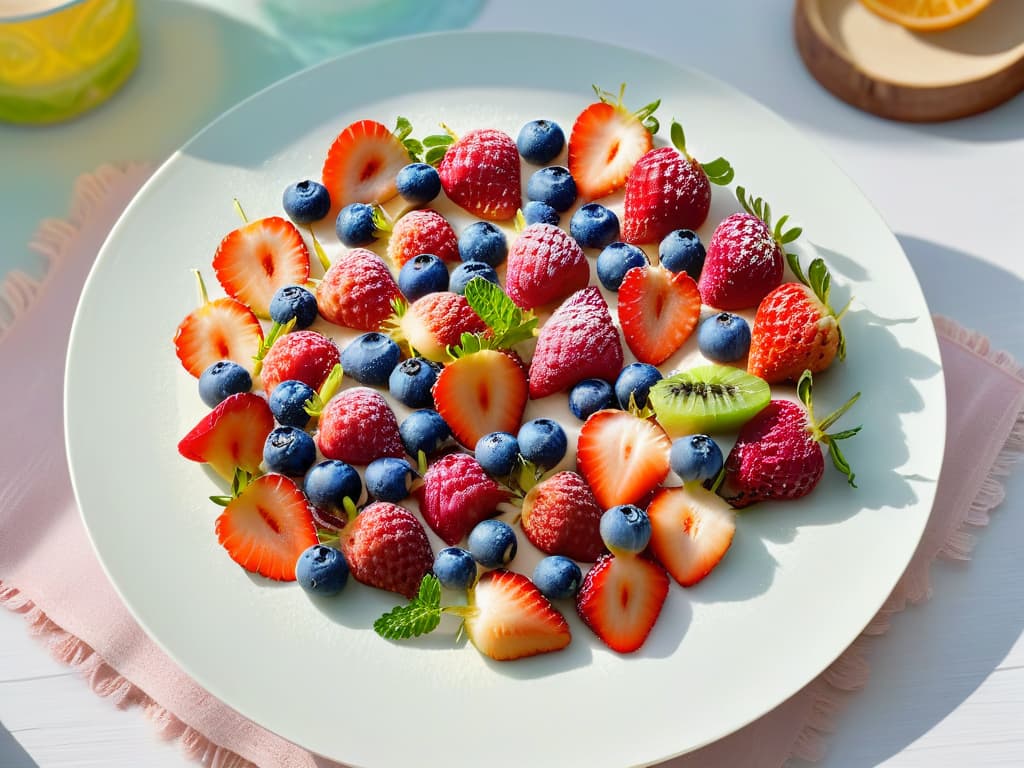  A photorealistic image of a vibrant, beautifully plated fruit salad composed of a colorful array of fresh strawberries, blueberries, raspberries, kiwi slices, and mint leaves. The fruits are meticulously arranged in a circular pattern on a pristine white plate, with natural light casting soft shadows to enhance the depth and realism of the scene. The glistening droplets of water on the fruits hint at their freshness, while the lush greenery of the mint leaves adds a touch of elegance to the composition. This visually stunning image perfectly captures the essence of indulging in a delicious and healthy dessert option. hyperrealistic, full body, detailed clothing, highly detailed, cinematic lighting, stunningly beautiful, intricate, sharp focus, f/1. 8, 85mm, (centered image composition), (professionally color graded), ((bright soft diffused light)), volumetric fog, trending on instagram, trending on tumblr, HDR 4K, 8K