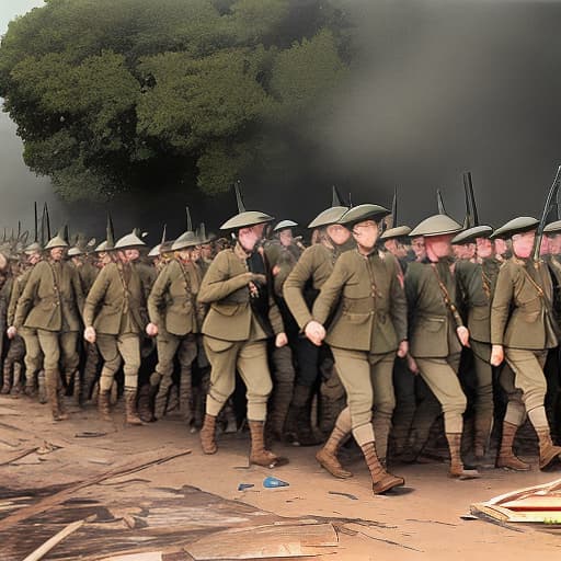  uma fileira de soldados marchando em um campo cheio de fumaça e destroços arvores mortas e escrito em baixo WW1 A BATALHA DO SOMME em estilo disney
