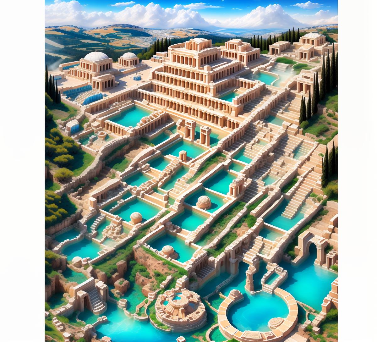  Sky view of highly aesthetic, ancient greek thermal baths in beautiful nature