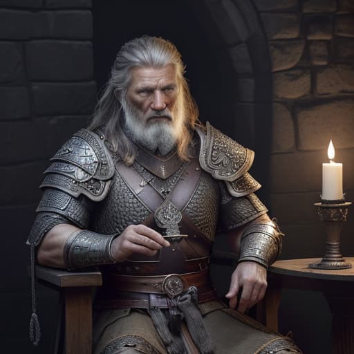  Highest quality, masterpiece, photorealistic, medium shot, RAW photo, of (a weary-looking but still proud and fierce-looking old Viking warrior, now the leader of his village, dressed in elaborately detailed chain mail and leather armour, sitting on a carved wooden throne furrowed with Viking runes and symbols, in the village meeting hall, on his lap rests an elaborately carved and beautifully crafted longsword, a few torches burn on the walls, giving the scene a dark atmosphere but sculpting the forms in sharp chiaroscuro), it is night time, (highly detailed skin), skin texture, (detailed face), detailed background, sharp focus, dark lighting, twilight lighting, volumetric lighting, highly detailed, intricate details, 8k, highly detailed,  hyperrealistic, full body, detailed clothing, highly detailed, cinematic lighting, stunningly beautiful, intricate, sharp focus, f/1. 8, 85mm, (centered image composition), (professionally color graded), ((bright soft diffused light)), volumetric fog, trending on instagram, trending on tumblr, HDR 4K, 8K