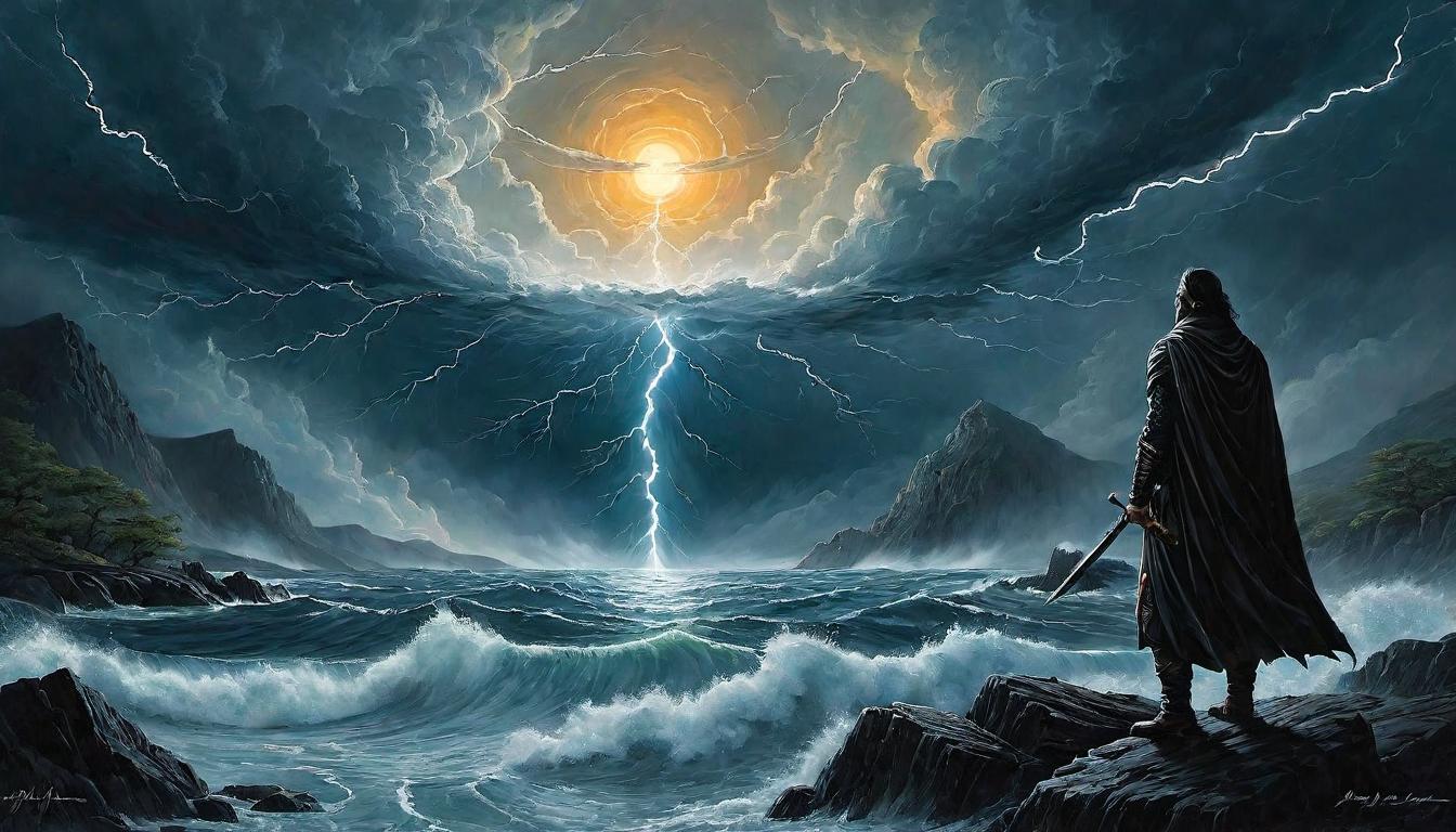  （surrealism)A figure standing firm at the center of a storm, calm amidst chaos, radiant glow, deflecting dark energies, strong stance, protective, unwavering, emanating peace, resilient mystic, intricate details, best quality)