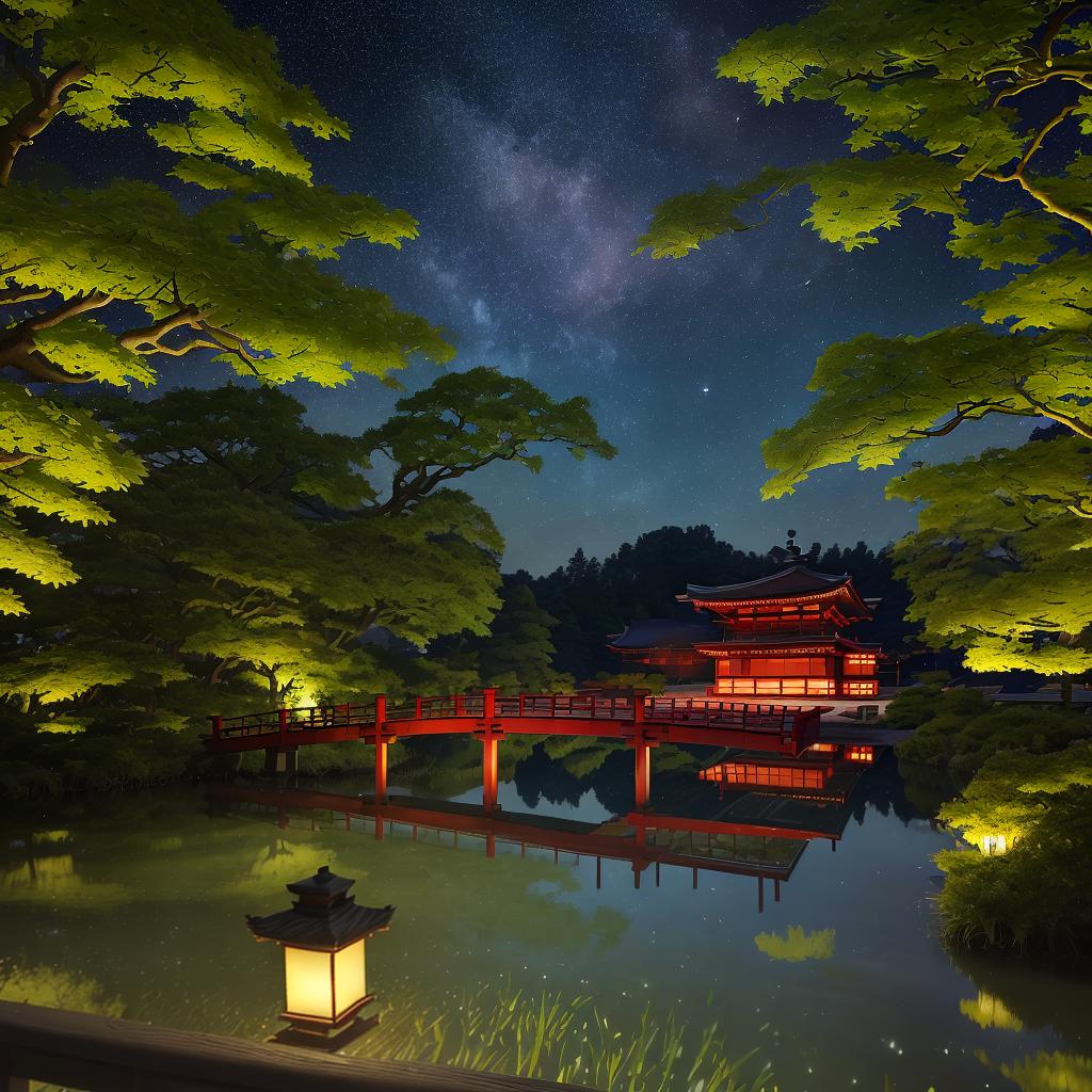  masterpiece, best quality, (Fidelity: 1.4), Best Quality, Masterpiece, Ultra High Resolution, 8k resolution, A night view inspired by Japanese art, featuring a garden illuminated by paper lanterns and a wooden bridge spanning a tranquil lake, by the lakeside, there is a small Zen temple. The water reflects the starry sky.