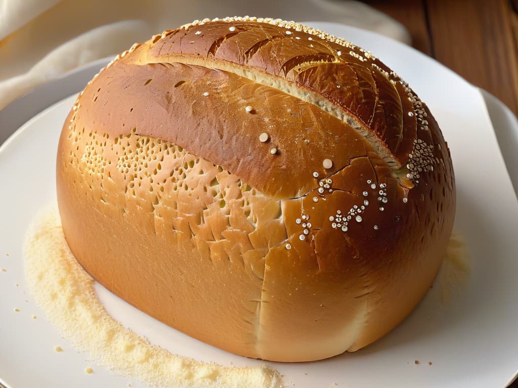  An ultradetailed closeup image of a perfectly risen loaf of bread, showcasing the intricate network of air bubbles in the crumb, with a goldenbrown crust that glistens under the light. The texture of the bread appears soft and fluffy, with visible specks of grains adding a rustic touch. The background is a soft blur, emphasizing the bread's details and inviting the viewer to appreciate the craftsmanship and quality of the baked goods made with the best brand of yeast. hyperrealistic, full body, detailed clothing, highly detailed, cinematic lighting, stunningly beautiful, intricate, sharp focus, f/1. 8, 85mm, (centered image composition), (professionally color graded), ((bright soft diffused light)), volumetric fog, trending on instagram, trending on tumblr, HDR 4K, 8K