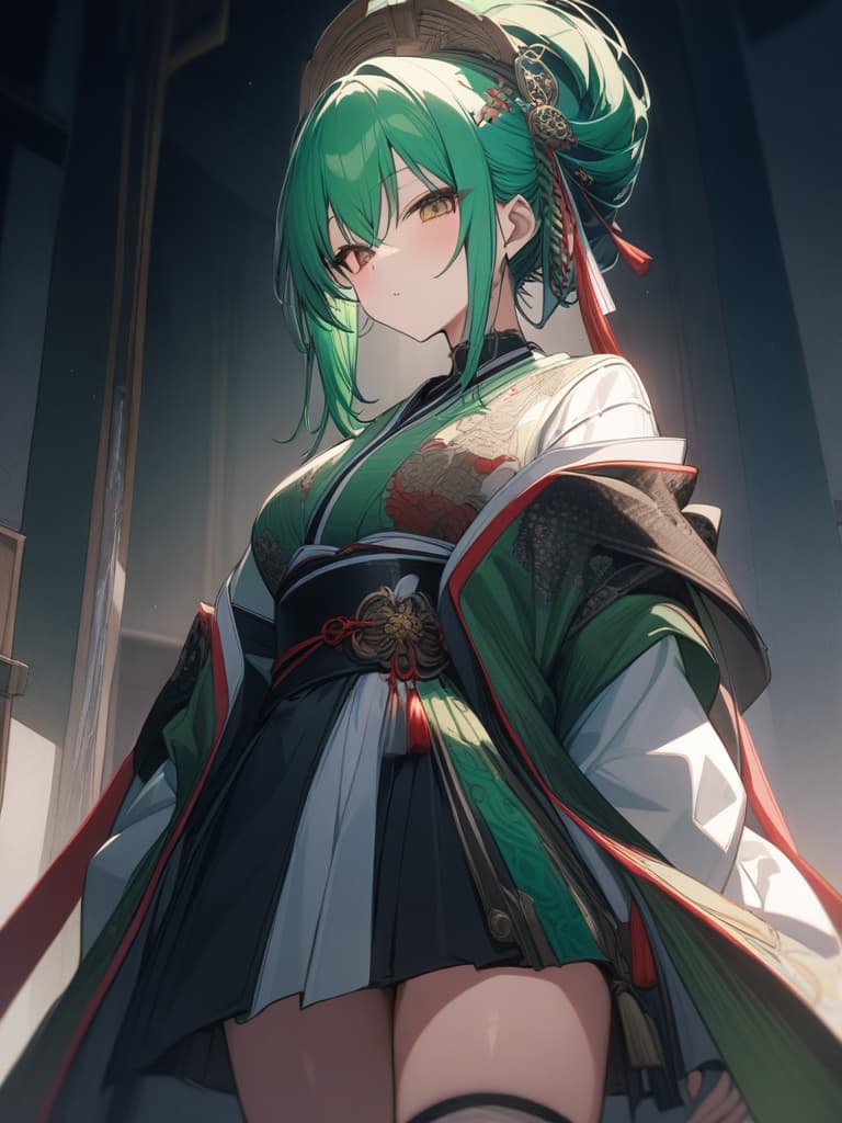  Oiran wearing a green haired character in kimono, a high ranking one who is a prostitute of Yoshiwara Yukaku, masterpiece, best quality,8k,ultra detailed,high resolution,an extremely delicate and beautiful,hyper detail