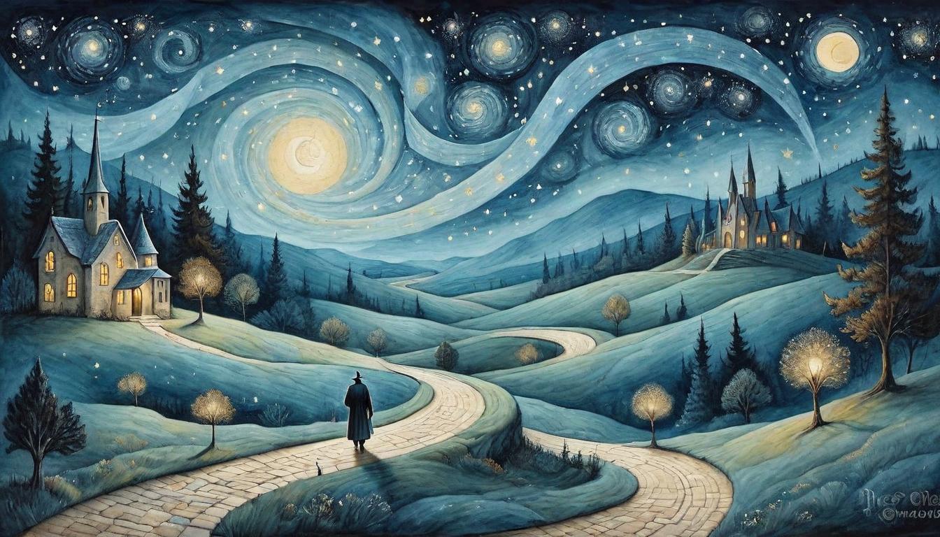  on parchment, surrealism+++, A lone figure walking on a winding path through a starry night, soft starlight, solitary, hopeful(mysterious, provocative, symbolic,muted color)+++