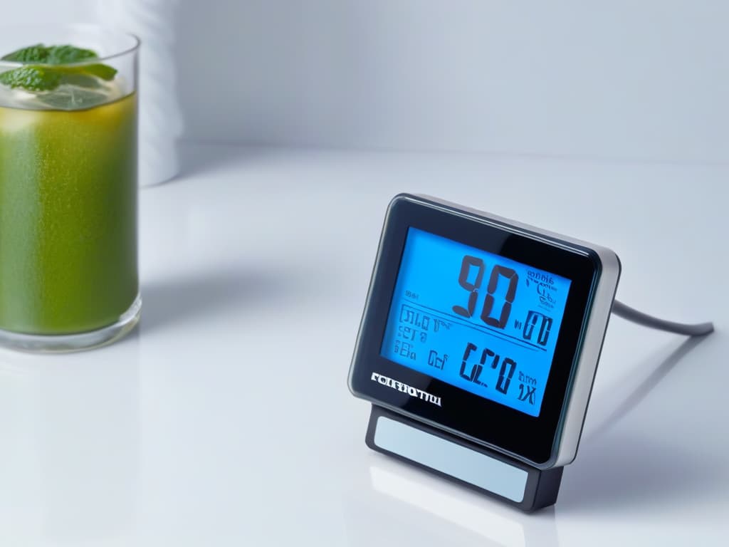  An ultradetailed image of a sleek, black digital thermometer with a futuristic and minimalist design, showcasing its precise measurement capabilities down to the millimeter. The thermometer is set against a clean, white background to emphasize its professional and hightech features, perfect for integrating technology into the art of pastry making. hyperrealistic, full body, detailed clothing, highly detailed, cinematic lighting, stunningly beautiful, intricate, sharp focus, f/1. 8, 85mm, (centered image composition), (professionally color graded), ((bright soft diffused light)), volumetric fog, trending on instagram, trending on tumblr, HDR 4K, 8K