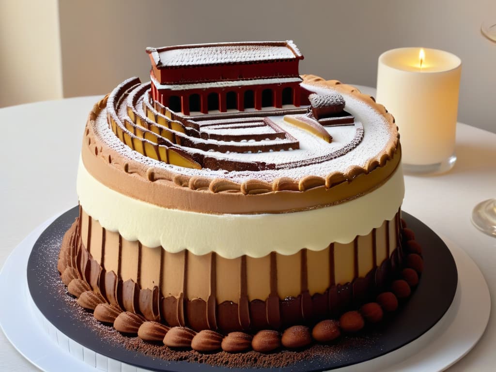  A photorealistic image of a decadent tiramisu dessert meticulously crafted to resemble the iconic Colosseum in Rome, showcasing intricate layers of espressosoaked ladyfingers, creamy mascarpone filling, and dusted cocoa powder, all set against a backdrop of edible sugar columns and arches, exuding elegance and creativity in dessert architecture. hyperrealistic, full body, detailed clothing, highly detailed, cinematic lighting, stunningly beautiful, intricate, sharp focus, f/1. 8, 85mm, (centered image composition), (professionally color graded), ((bright soft diffused light)), volumetric fog, trending on instagram, trending on tumblr, HDR 4K, 8K