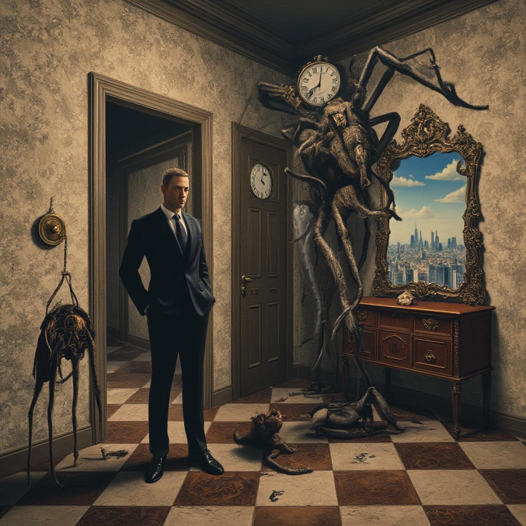  good quality, high quality, a fantastical intricate surreal oil painting in the style of george biddle called "the businessman". we see a cityscape, and in a room with a checkered floor stands a man in a black suit. there is a doorway with a locked door, a floating clock, and a broken mirror. there is an open keyhole in front of him. behind it stands another large creature spider like with long furry legs and short horns, creepy and adorable, mysterious and enticing. the audience knows more than the man who has entered "the twilight zone"