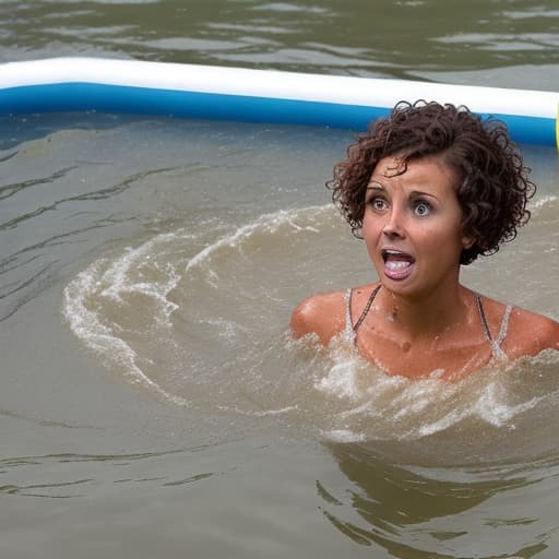  tanned woman with short and curly haircut is in the water up to her cheeckboones she's panic she's drowning