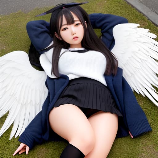  An angelic Japanese woman is wearing a sweater and mini skirt and black stockings to the waist. She has brown eyes and very kind eyes. Long black hair. White wings of an angel. An angel's golden ring floating above her head. She wears a wedding ring. Girl Cute.