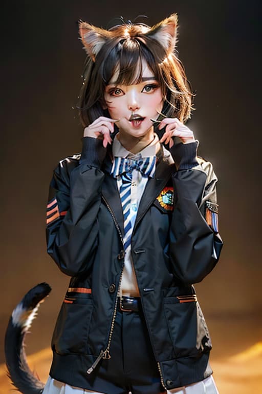  masterpiece, best quality, 1, solo, animal ears, bow, teeth, jacket, tail, open mouth, brown hair, orange background, bowtie, orange nails, simple background, cat ears, orange eyes, blue bow, animal ear fluff, cat tail, looking at viewer, upper body, shirt, uniform, hood, striped bow, striped, white shirt, black jacket, blue bowtie, fingernails, long sleeves, cat , bangs, fangs, collared shirt, striped bowtie, short hair, tongue, hoodie, sharp teeth, facial mark, claw pose hyperrealistic, full body, detailed clothing, highly detailed, cinematic lighting, stunningly beautiful, intricate, sharp focus, f/1. 8, 85mm, (centered image composition), (professionally color graded), ((bright soft diffused light)), volumetric fog, trending on instagram, trending on tumblr, HDR 4K, 8K