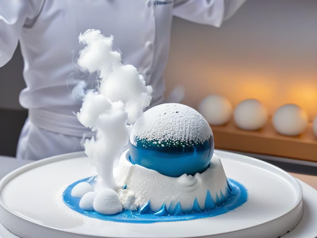  A closeup shot of a delicate, transparent sphere of sugar being delicately blown into a cloud of fine powder by a chef in a pristine white laboratory setting. The background is softly blurred, emphasizing the intricate details of the molecular gastronomy process in a minimalist and elegant aesthetic. hyperrealistic, full body, detailed clothing, highly detailed, cinematic lighting, stunningly beautiful, intricate, sharp focus, f/1. 8, 85mm, (centered image composition), (professionally color graded), ((bright soft diffused light)), volumetric fog, trending on instagram, trending on tumblr, HDR 4K, 8K