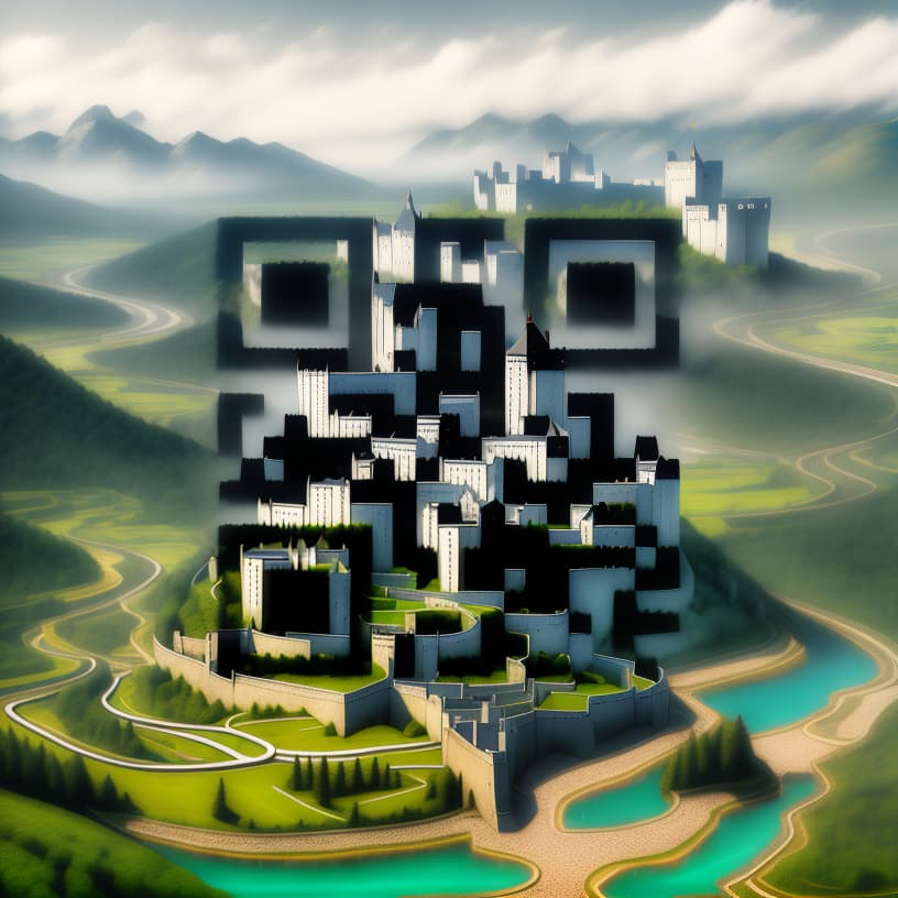  style realistic 8k, castle, river, forest, mountains