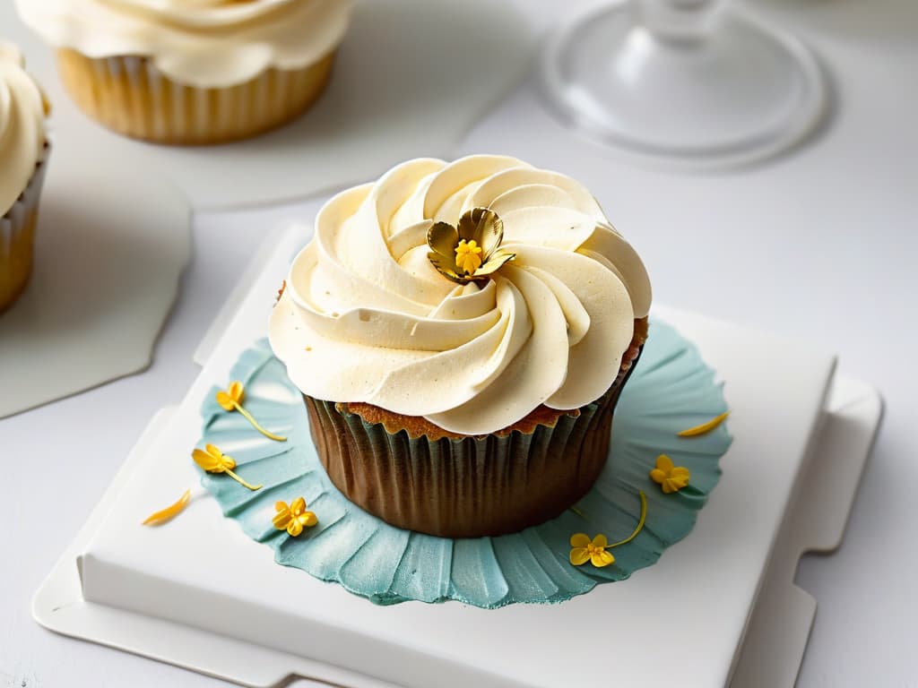  A closeup, ultradetailed image of a delicate, handcrafted vegan cupcake adorned with edible flowers and shimmering gold leaf, set against a stark white backdrop. The intricate swirls of pastelcolored frosting are perfectly piped, showcasing the artistry and attention to detail typical of sustainable and ecofriendly bakeries. The image exudes elegance and sophistication, appealing to the modern consumer looking for innovative and environmentally conscious pastry options. hyperrealistic, full body, detailed clothing, highly detailed, cinematic lighting, stunningly beautiful, intricate, sharp focus, f/1. 8, 85mm, (centered image composition), (professionally color graded), ((bright soft diffused light)), volumetric fog, trending on instagram, trending on tumblr, HDR 4K, 8K