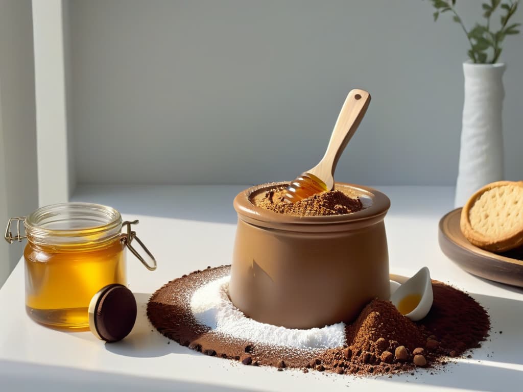  A photorealistic image of a pristine, modern kitchen countertop adorned with an array of highquality endulzantes commonly used in baking and pastry making. The assortment includes a variety of organic sugars, pure honey in a golden jar, a sleek bottle of premium maple syrup, a mound of rich dark cocoa powder, and a few vanilla beans delicately placed next to a mortar and pestle. The soft natural light filtering through a nearby window highlights the textures and colors of each ingredient, inviting the viewer to explore the art of sweetening in baking. hyperrealistic, full body, detailed clothing, highly detailed, cinematic lighting, stunningly beautiful, intricate, sharp focus, f/1. 8, 85mm, (centered image composition), (professionally color graded), ((bright soft diffused light)), volumetric fog, trending on instagram, trending on tumblr, HDR 4K, 8K