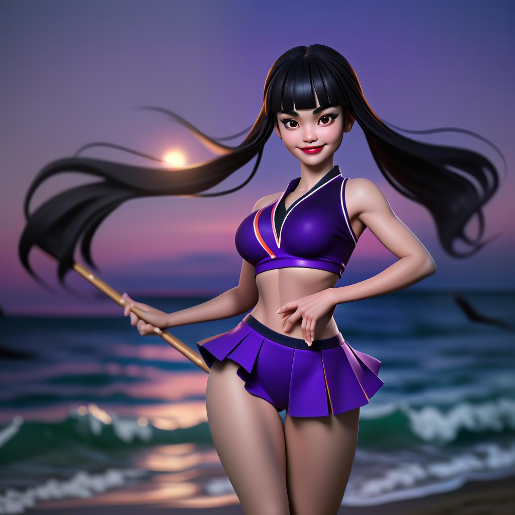  (full-body photo), a Thai woman wearing a cheerleader outfit standing on the beach party, black long blunt bangs, smile, lipstick, purple cheerleader outfit, beach, at night, ((finely detailed face)), professional photoshoot, muse, perfect anatomy, perfectly shapely body, detailed background, perfect body parts, perfect proportions, hyper-realism, professional compositions, perfect lighting, masterpiece, award winning, 8k, best quality, hyperrealistic