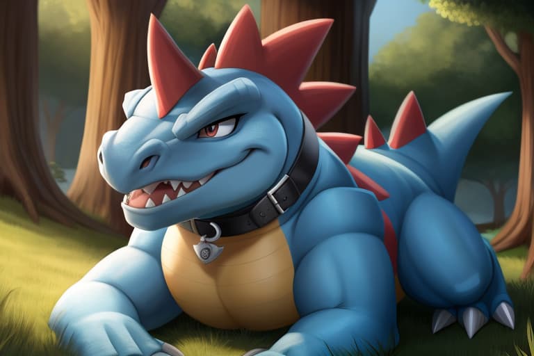  Pokemon, Feraligatr, female feral presenting pussy, collar on neck, black canine pussy, laying on the back, thic, open eyes, digital art, masterpiece, 4k, fine details,