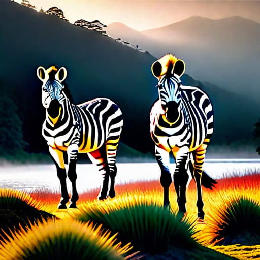  Lago con zebras hyperrealistic, full body, detailed clothing, highly detailed, cinematic lighting, stunningly beautiful, intricate, sharp focus, f/1. 8, 85mm, (centered image composition), (professionally color graded), ((bright soft diffused light)), volumetric fog, trending on instagram, trending on tumblr, HDR 4K, 8K