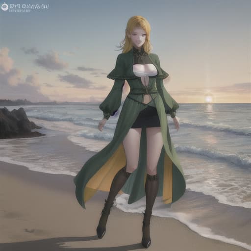  green eyed anime on the beach in a  hyperrealistic, full body, detailed clothing, highly detailed, cinematic lighting, stunningly beautiful, intricate, sharp focus, f/1. 8, 85mm, (centered image composition), (professionally color graded), ((bright soft diffused light)), volumetric fog, trending on instagram, trending on tumblr, HDR 4K, 8K