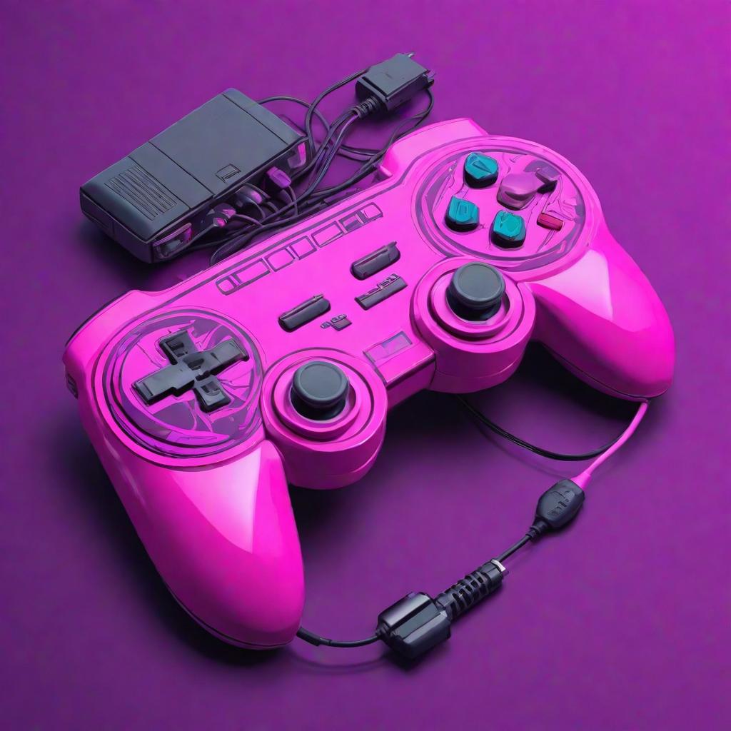  vintage retro gamepad, isometric plan, neon pink lilac  cyberpunk style,  hyper realistic, high quality, detailed, cute, hyper detail, full HD hyperrealistic, full body, detailed clothing, highly detailed, cinematic lighting, stunningly beautiful, intricate, sharp focus, f/1. 8, 85mm, (centered image composition), (professionally color graded), ((bright soft diffused light)), volumetric fog, trending on instagram, trending on tumblr, HDR 4K, 8K