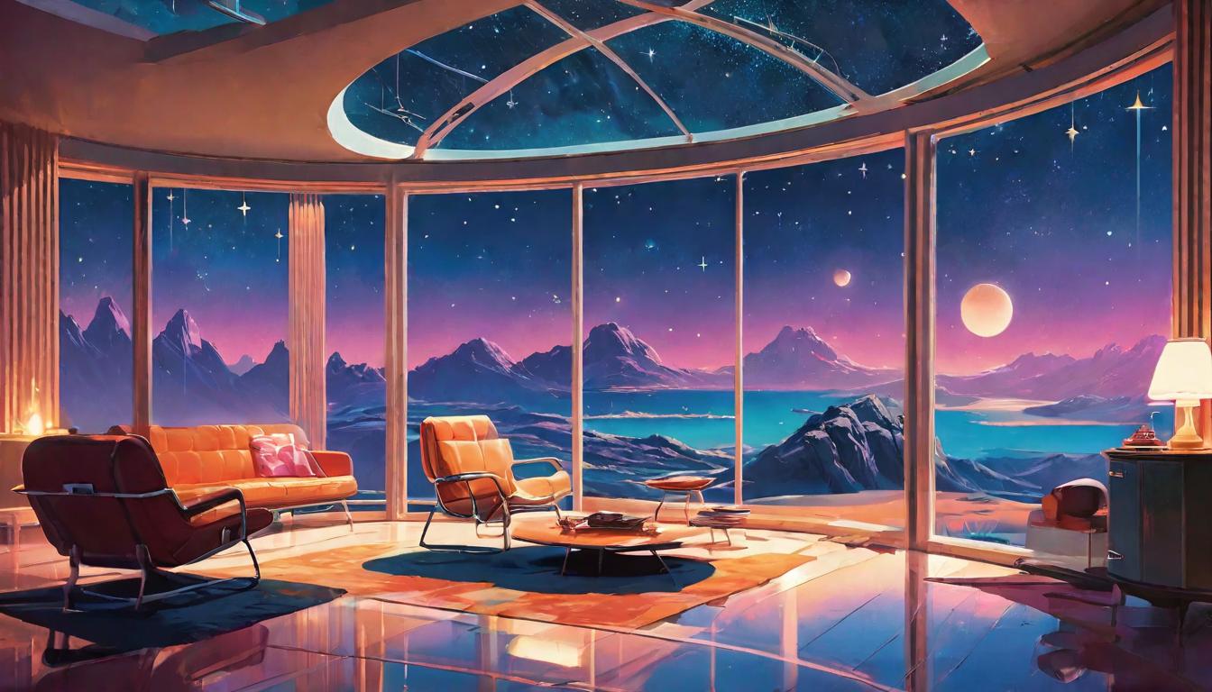  retro futuristic A tranquil meditation nook, lit by candles, with a view of the starry sky through a large window, key to inner wisdom, quieting the external chaos lvintage sci fi, 50s and 60s style, atomic age, vibrant, highly detailed