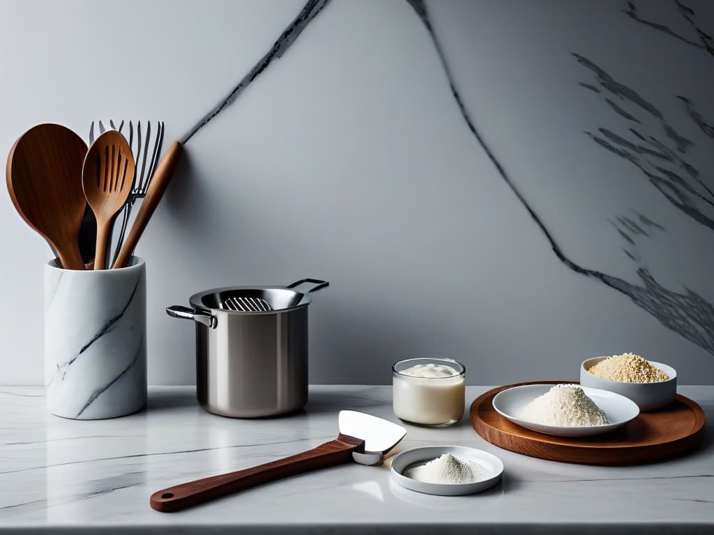  A highresolution image featuring a sleek, modern kitchen with a minimalist design aesthetic. The image showcases a pristine marble countertop with a few essential baking utensils neatly arranged a whisk, a spatula, and measuring cups, all bearing wellknown baking brands subtly embossed on them. The lighting is soft, casting a gentle glow on the utensils, emphasizing their quality and craftsmanship. The overall vibe is chic, professional, and aspirational, perfectly complementing the tone and theme of the article. hyperrealistic, full body, detailed clothing, highly detailed, cinematic lighting, stunningly beautiful, intricate, sharp focus, f/1. 8, 85mm, (centered image composition), (professionally color graded), ((bright soft diffused light)), volumetric fog, trending on instagram, trending on tumblr, HDR 4K, 8K