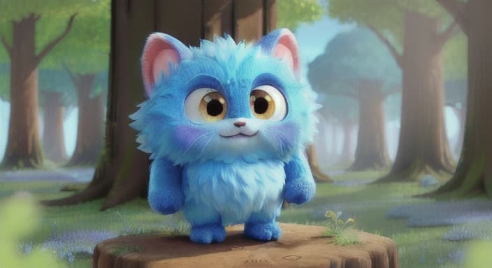  {Oh, a small fluffy creature, standing in front of a colorful forest with big trees and a bright blue sky., Oh is a small, round, fluffy creature with big curious eyes and a cheerful smile.