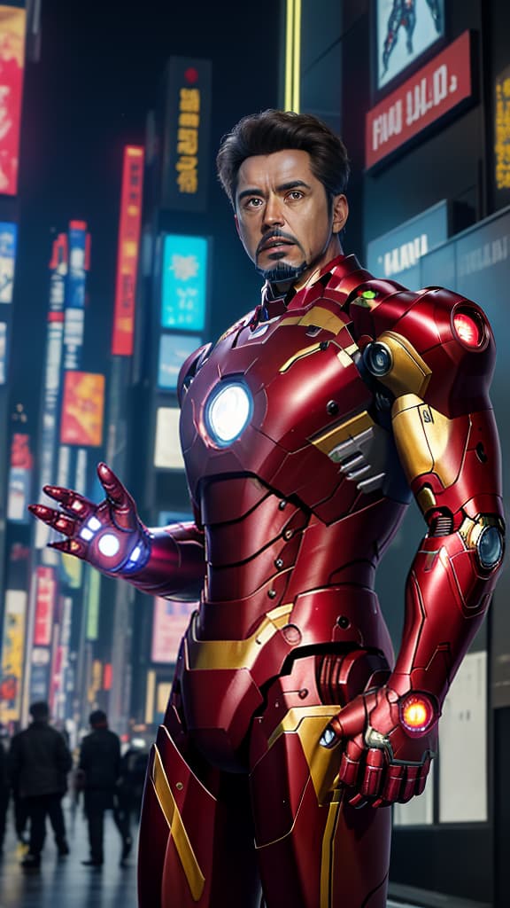  masterpiece, best quality, masterpiece, 8k resolution, realistic, highly detailed, Iron Man close-up. He stands on a street lined with tall buildings in a cyberpunk style city at night. The city's night lights are bright, and the surrounding buildings and streets are full of cyberpunk elements such as neon lights, high-tech equipment and futuristic architectural design.