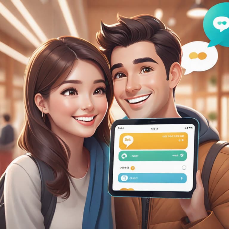  Image style: Realistic
Illustration style: None
Character: A man and a woman
Place: Bright indoor space
Action: They are looking at each other's chat app screens and smiling. They are having a friendly conversation and showing interest in each other. 
Speech Bubble: "Let's get closer through conversation."
Object Decoration: Chat app screen
Facial expression: Smiling
Camera Style: Close-up
Lighting Style: Bright lighting.
Requirements:highly detailed, (best quality), highres, intricate details, Multi-Layered Textures, masterpiece. hyperrealistic, full body, detailed clothing, highly detailed, cinematic lighting, stunningly beautiful, intricate, sharp focus, f/1. 8, 85mm, (centered image composition), (professionally color graded), ((bright soft diffused light)), volumetric fog, trending on instagram, trending on tumblr, HDR 4K, 8K