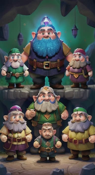  {A group of dwarves inside a glittering cave, each holding a lantern and examining sparkling gems and crystals embedded in the walls., Dwarves are short, with bushy beards and rosy cheeks. They wear colorful tunics, pointy hats, and sturdy boots. They have twinkling eyes and joyful smiles.