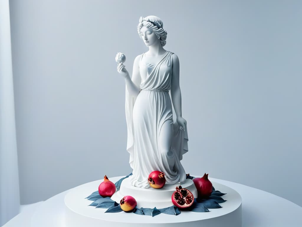  A minimalistic image of a beautifully crafted sugar sculpture depicting the Greek myth of Persephone descending into the Underworld, with intricate details showing pomegranate seeds scattered on the ground, Hades looming in the background, and Persephone's sorrowful expression captured in the delicate sugar art. hyperrealistic, full body, detailed clothing, highly detailed, cinematic lighting, stunningly beautiful, intricate, sharp focus, f/1. 8, 85mm, (centered image composition), (professionally color graded), ((bright soft diffused light)), volumetric fog, trending on instagram, trending on tumblr, HDR 4K, 8K