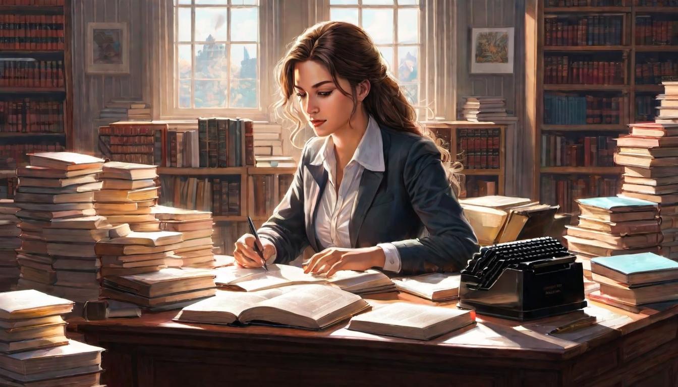  digital illustration, 1woman, typing furiously at a computer, stacks of books beside, determined look, bright daylight streaming in, meticulously organized desk, pursuit of perfection, tension, aspiration, looking at viewer, dynamic pose, (intricate details, masterpiece, best quality)