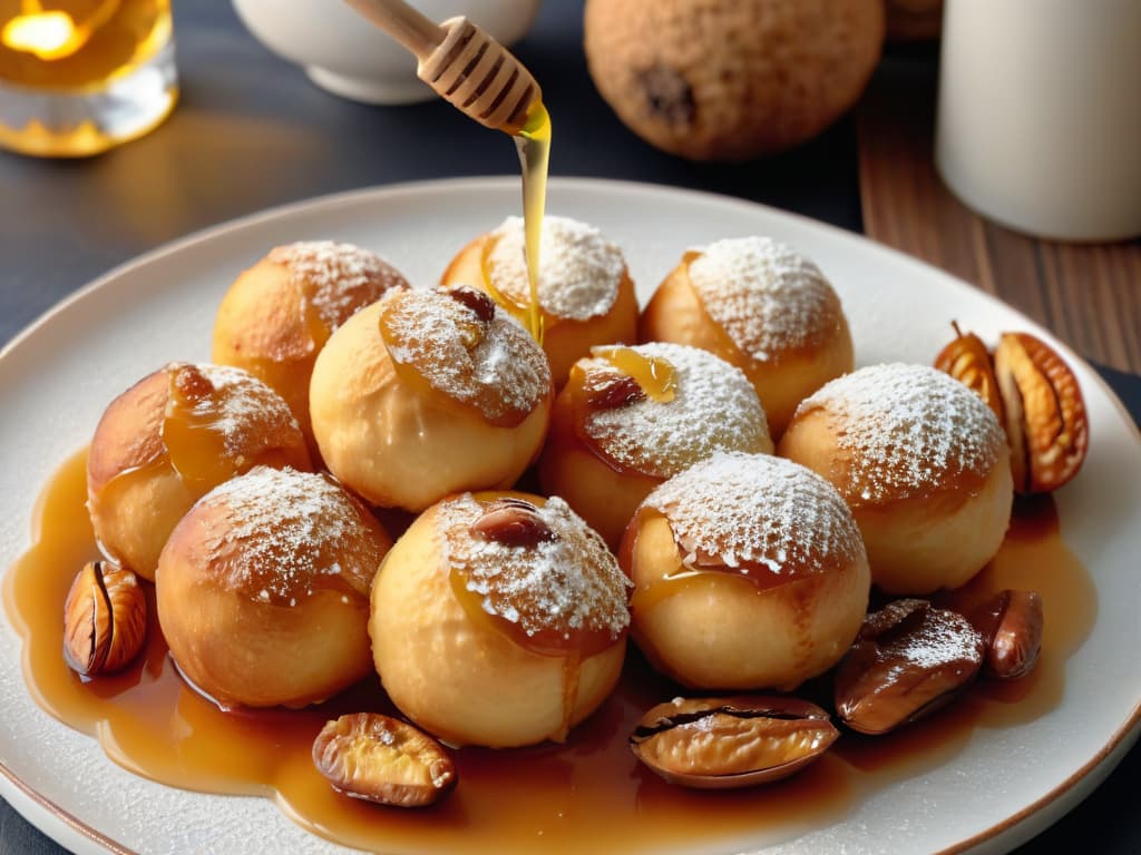  An ultradetailed closeup of goldenbrown Loukoumades, Greek honey balls, glistening with a light drizzle of honey and sprinkled with crushed walnuts, presented on a sleek, modern white plate. The perfectly round Loukoumades appear light and airy, with a slightly crispy exterior, showcasing their tempting texture. The honey elegantly cascades down the sides, capturing the light and creating a mouthwatering shine, while the finely chopped walnuts add a touch of earthy contrast to the warm hues of the dessert. hyperrealistic, full body, detailed clothing, highly detailed, cinematic lighting, stunningly beautiful, intricate, sharp focus, f/1. 8, 85mm, (centered image composition), (professionally color graded), ((bright soft diffused light)), volumetric fog, trending on instagram, trending on tumblr, HDR 4K, 8K