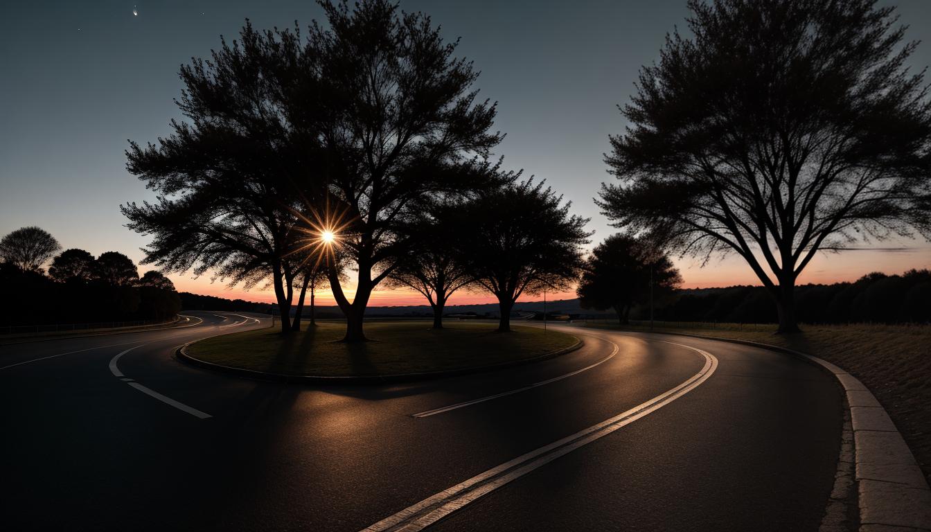  cinematic, aesthetic, Road with branching paths, silhouette of a figure at the junction, twilight setting, colorful sky, path indications, suggestion of choices and reflections, calm and thoughtful, 4k, HDR, lens flare