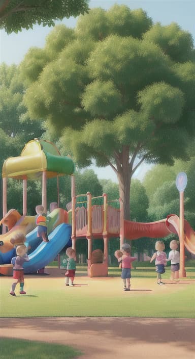  {Children playing in a sunny park with swings and slides., Same group of happy children, now wearing casual play clothes.