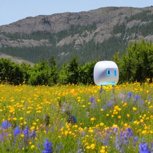 portrait+ style A solitary robot sitting in a field of wildflowers at sunset. hyperrealistic, full body, detailed clothing, highly detailed, cinematic lighting, stunningly beautiful, intricate, sharp focus, f/1. 8, 85mm, (centered image composition), (professionally color graded), ((bright soft diffused light)), volumetric fog, trending on instagram, trending on tumblr, HDR 4K, 8K