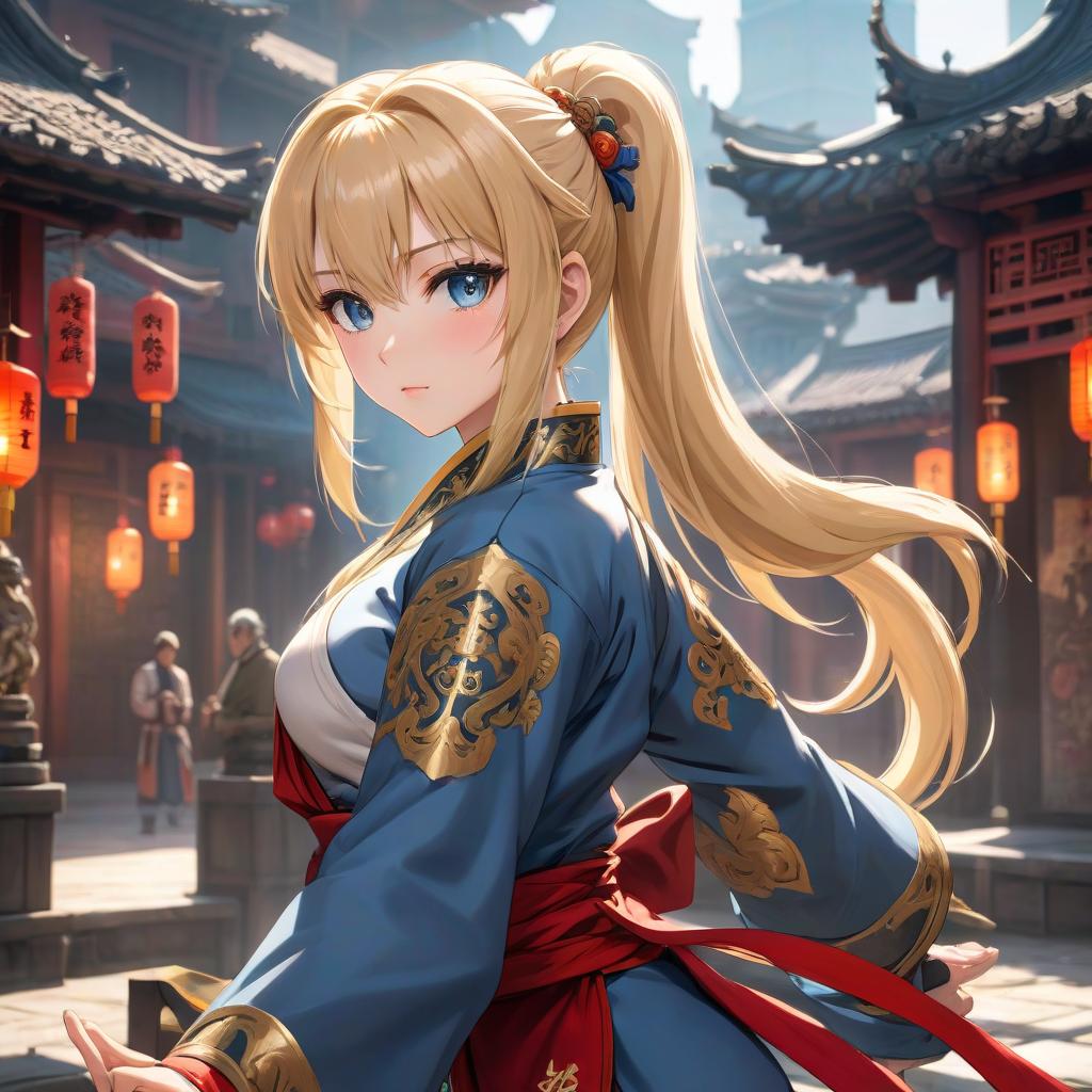  anime artwork a young , with blond hair, a hairstyle with two ponytails, in Chinese martial arts clothing, 2d, anime, extremely hyper detailed clothing, (extremely hyper detailed face), (masterpiece:1.4), (perfect eyes:1.1), (deep eyes), tail body, medieval fantasy . anime style, key visual, vint, studio anime, highly detailed hyperrealistic, full body, detailed clothing, highly detailed, cinematic lighting, stunningly beautiful, intricate, sharp focus, f/1. 8, 85mm, (centered image composition), (professionally color graded), ((bright soft diffused light)), volumetric fog, trending on instagram, trending on tumblr, HDR 4K, 8K