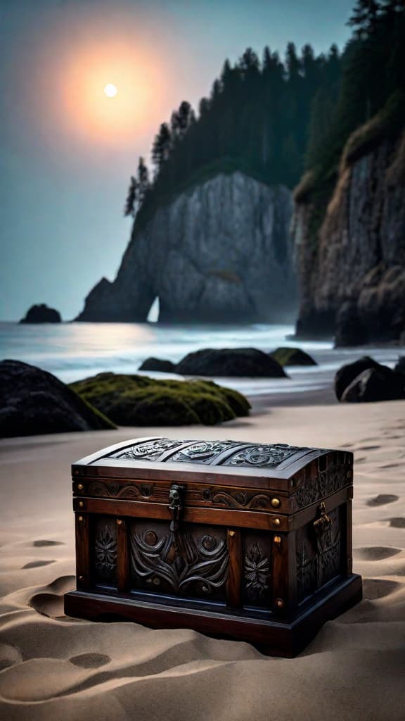  (A secluded cove surrounded by towering cliffs and dense forests, dimly lit by the light of a full moon. On the beach, a weathered wooden chest lies half buried in the sand, with ancient artifacts spilling out carved bones, silver amulets, and weathered scrolls that tell the history of a long lost pirate queen.) hyperrealistic, full body, detailed clothing, highly detailed, cinematic lighting, stunningly beautiful, intricate, sharp focus, f/1. 8, 85mm, (centered image composition), (professionally color graded), ((bright soft diffused light)), volumetric fog, trending on instagram, trending on tumblr, HDR 4K, 8K