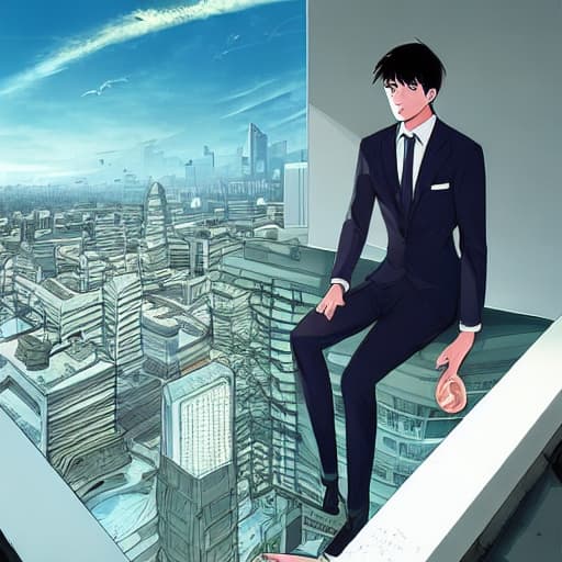  A guy with long bangs and a cool suit is sitting on the roof near the city of the future