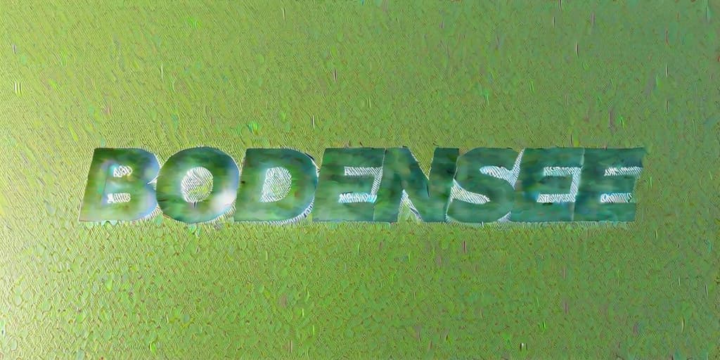  3D text "BODENSEE" looking like water, hovering over Lake Constance. High resolution photo, clear lighting.