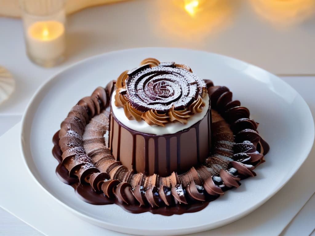  An ultradetailed image of a rich, decadent chocolate martini dessert sitting elegantly on a sleek, modern plate. The dessert is a miniature work of art, with layers of velvety chocolate mousse, a glossy chocolate ganache drizzle, and a delicate chocolate curl on top. The background is a soft focus to emphasize the dessert, creating a sophisticated and luxurious feel. hyperrealistic, full body, detailed clothing, highly detailed, cinematic lighting, stunningly beautiful, intricate, sharp focus, f/1. 8, 85mm, (centered image composition), (professionally color graded), ((bright soft diffused light)), volumetric fog, trending on instagram, trending on tumblr, HDR 4K, 8K